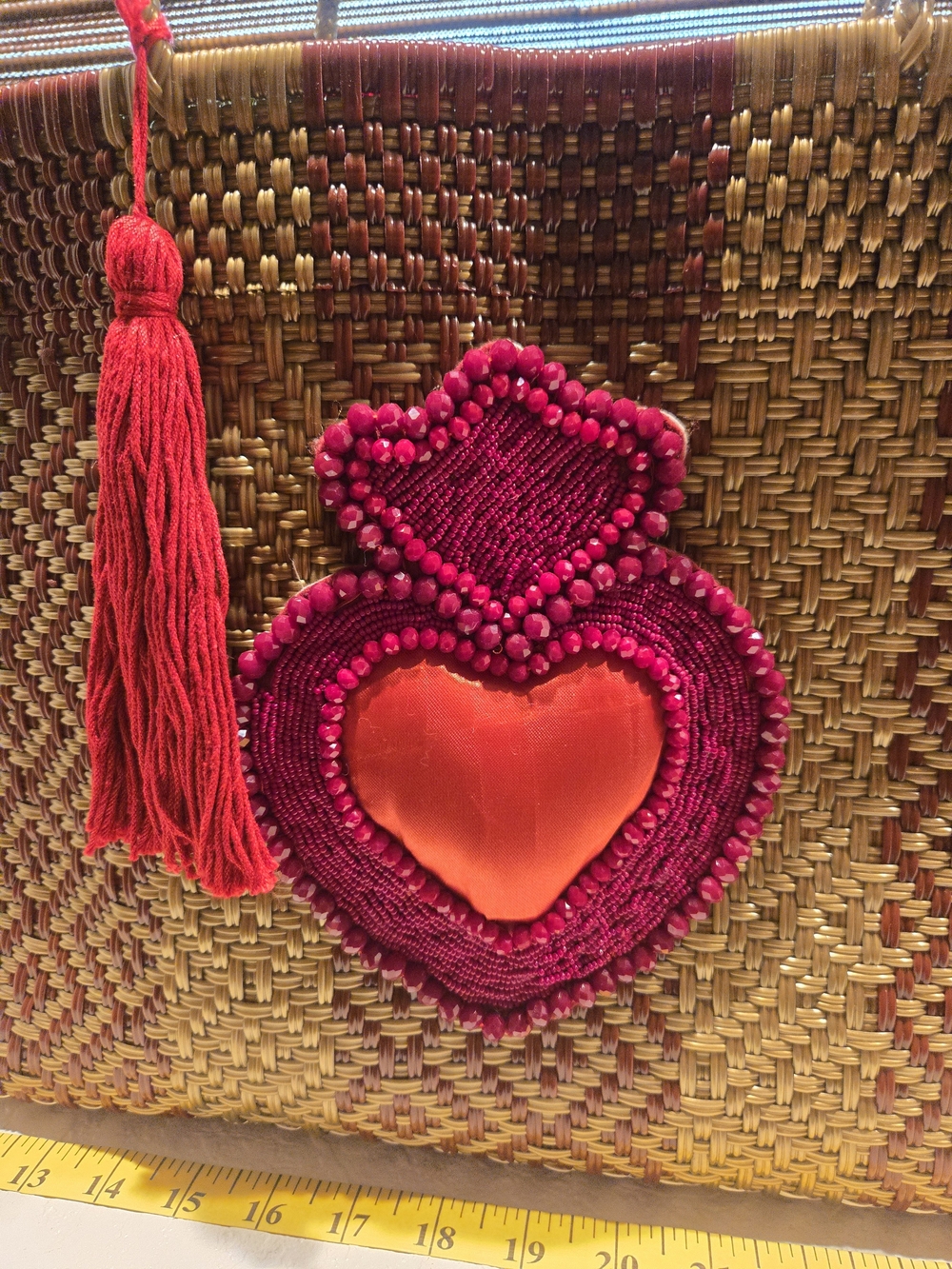 Handwoven Tote with Red Beaded Heart Accent Trio